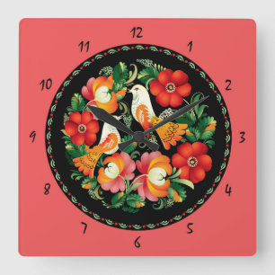 Horloge Carrée Beautiful Birds and Flowers Sketch Wall Clock