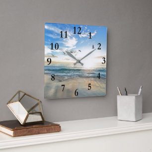 Horloge Carrée Beautiful Caribbean Tropical Beach & Birds