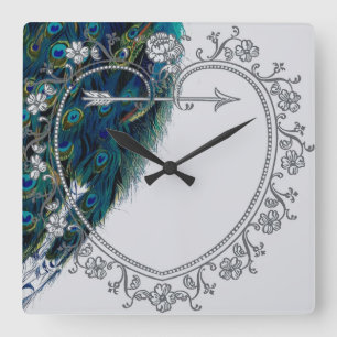 Horloge Carrée Beautiful vintage peacock art personalized