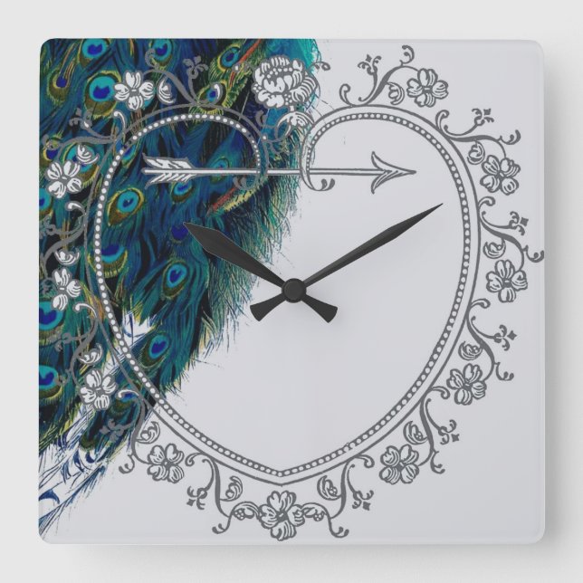 Horloge Carrée Beautiful vintage peacock art personalized (Recto)