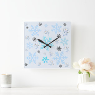 Horloge Carrée Beaux bonhommes de neige et flocons de neige en bl
