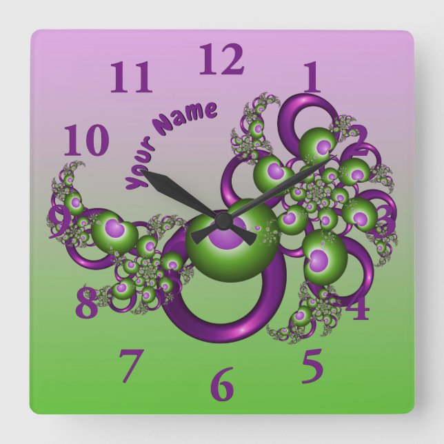 Horloge Carrée Beaux cœurs roses verts abstraits Nom fractal (Recto)