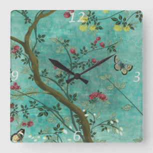 Horloge Carrée Beaux papillons antiques vintages d'arbre de fleur
