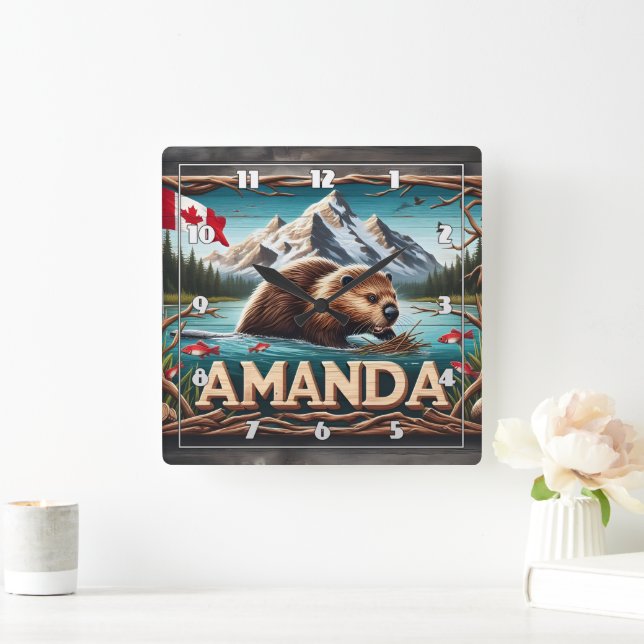 Horloge Carrée Beaver Builds Lodge in Calm Waters (Maison)