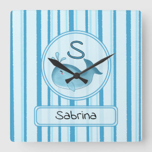Horloge Carrée Bébé baleine mignonne rayures bleues