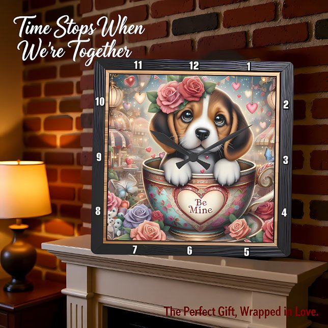 Horloge Carrée Bébé Beagle Tasse de Thé Saint Valentin (Créateur téléchargé)