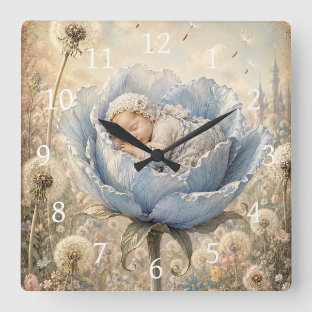 Horloge Carrée Bébé endormi dans une fleur bleue  (Recto)