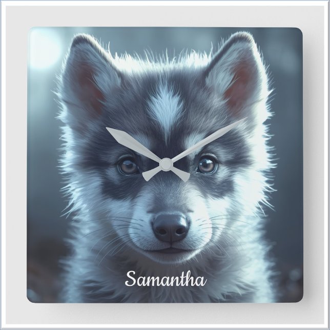 Horloge Carrée Bébé loup adorable au clair de lune (Créateur téléchargé)