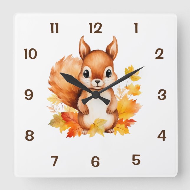 Horloge Carrée Bébé mignon Écureuil animal Feuilles d'automne (Recto)