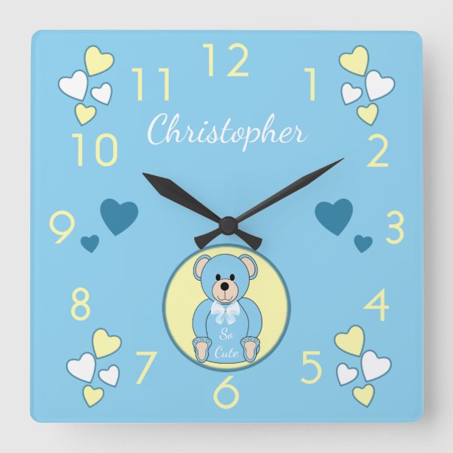 Horloge Carrée Bébé ours en peluche bleu avec coeur d'amour et un (Recto)
