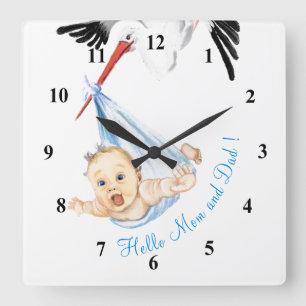 Horloge Carrée Bébé portant des cigognes - Dessin de dessins humo