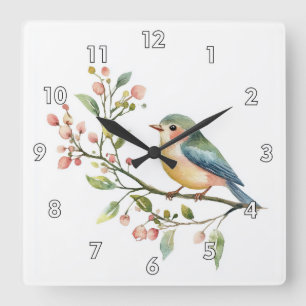 Horloge Carrée Bel Oiseau Aquarelle