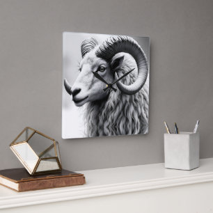 Horloge Carrée Bélier blanc en noir et blanc