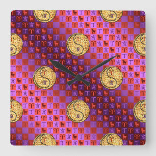 Horloge Carrée Bélier & Sanglier de Feu