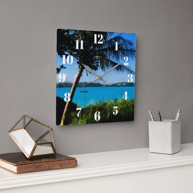 Horloge Carrée Belle Bermudes Bateau & Tropical Turquoise Beach (Bureau)