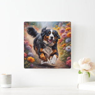 Horloge Carrée Belle Bernese Mountain Dog & Flowers