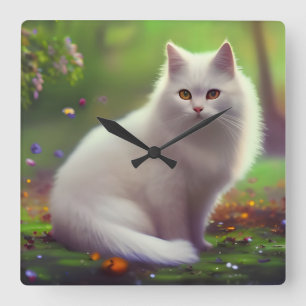 Horloge Carrée Belle Chat Blanc Fluffy