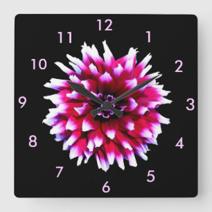 Horloge Carrée Belle Dahlia Rose et Blanc sur Fond Noir