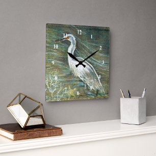 Horloge Carrée Belle Egret Shorebird Wading In Water Art