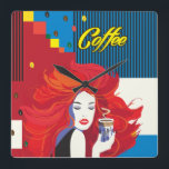 Horloge Carrée "Belle Femme de mode avec Café Cup" Pop Art<br><div class="desc">Horloge murale carré "Belle femme de mode avec café" Pop Art tendance Illustration élégante,  Poster de travail d'art pour les cadeaux et les cadeaux de vacances Extraordinaires,  Décor maison,  Art & Décor,  Horloges Produit décoratif,  Horloge murale Carré Design moderne "Belle femme de mode avec café" - Collection. 2023</div>