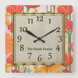 Horloge Carrée Belle fleur orange rouge jaune en bois