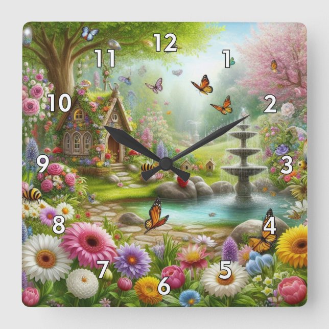 Horloge Carrée Belle image d'un jardin de fleurs de printemps (Recto)