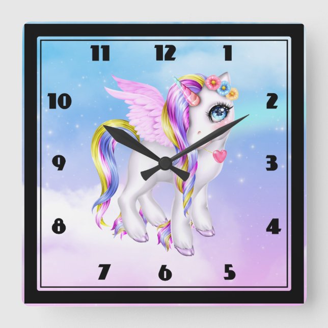 Horloge Carrée Belle licorne avec Rainbow Mane & Tail (Recto)