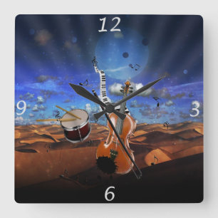Horloge Carrée Belle musique notes violon splatter piano tambours