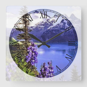 Horloge Carrée Belle numérotation romaine du lac et des montagnes
