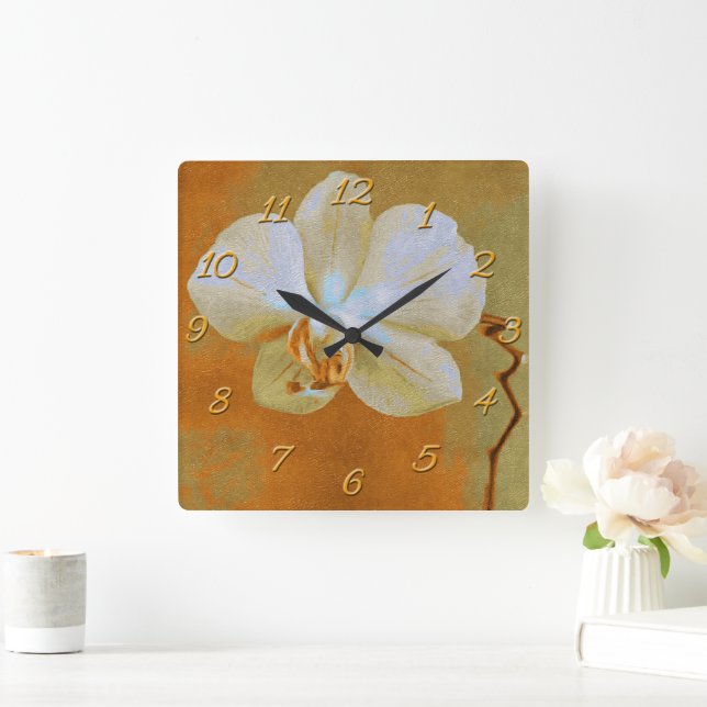 Horloge Carrée Belle Orchidée Tropicale Blanche Sur Jaune Doré (Maison)