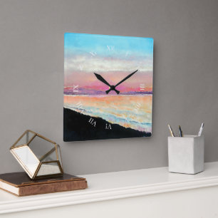Horloge Carrée Belle peinture de coucher de soleil Pastels