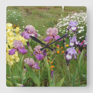 Horloge Carrée Belle Photo florale de fleur d'iris violet