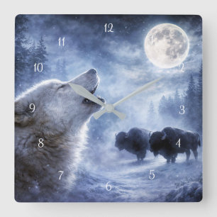 Horloge Carrée Belle Pleine Lune de la Faune du Loup