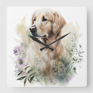 HORLOGE CARRÉE BELLE RÉCUPÉRATION EN OR AVEC CHIEN FLEUR SAUVAGE