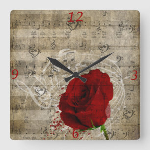 Horloge Carrée Belle rose rouge notes piano tourbillonné