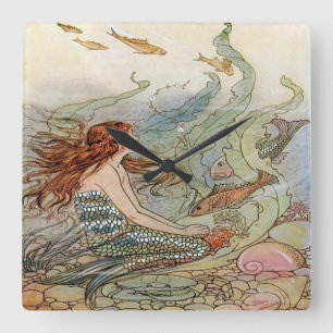 Horloge Carrée Belle sirène Girly vintage sous la mer