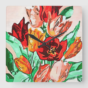 Horloge Carrée Belle Tulipes Bouquet Floral Black Outline Art