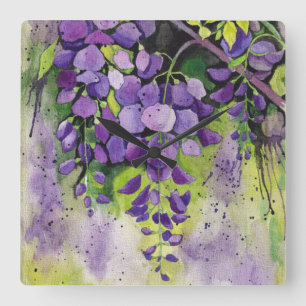 Horloge Carrée Belles Fleurs De Wisteria En Aquarelle