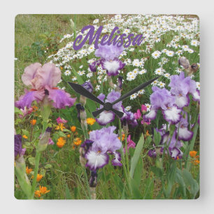 Horloge Carrée Belles Iris Violets fleurs florale Jardin