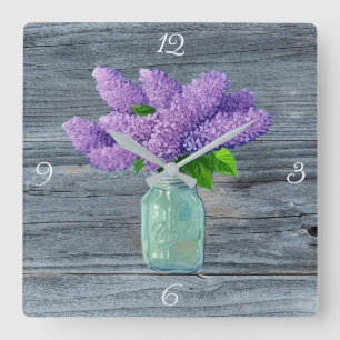 Horloge Carrée Belles Lilacs En Mason Jar Rustique