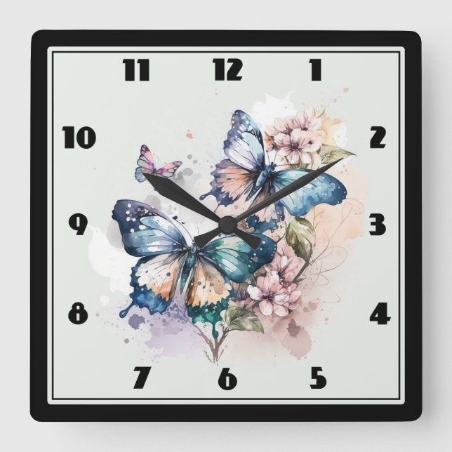 Horloge Carrée Belles papillons et fleurs (Recto)