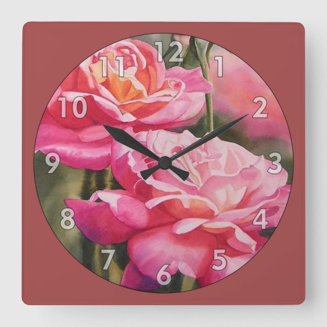 Horloge Carrée Belles roses roses roses (Recto)