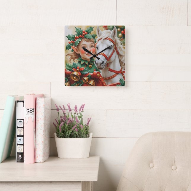 Horloge Carrée Bells Holly and Horse Christmas Elf (Salle de lecture)