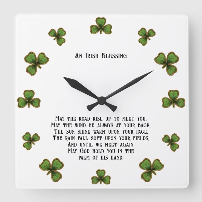 Horloge Carrée Bénédiction irlandaise et trèfles noir et vert (Recto)