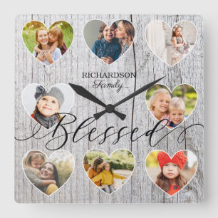 Horloge Carrée Béni 8 Photo Collage Coeur Cadre Gris Bois