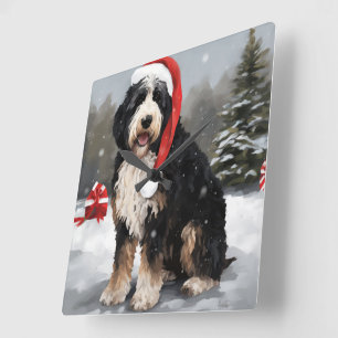 Horloge Carrée Bernedoodle Chien dans Noël de neige