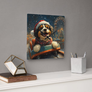 Horloge Carrée Bernedoodle Chien Montagnes Russes Noël