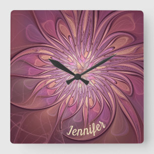 Horloge Carrée Berry Abstrait floral fractal Nom