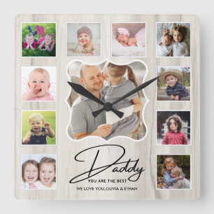 Horloge Carrée Best Daddy Ever 11 Photo Collage Rustic Wood