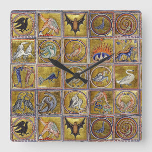 HORLOGE CARRÉE BESTIAIRE MÉDIÉVAL, ANIMAUX FANTASTIQUES, ROUGE D'